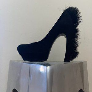 YSL black platform pump heels with fur spine